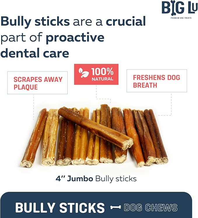 Big Lu - 4” Bully Sticks, 10 Count, 100% Grass-Fed Beef Chews, Fully Digestible, Long-Lasting Treats for Puppies and Small to Medium Dogs, Natural Single-Ingredient Chews for Keeping Dogs Busy