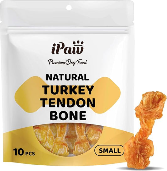 iPaw Turkey Tendon for Dogs 10 Pcs Value Pack, Ingredient Sourced from USA, Hypoallergenic, All Natural Human Grade Puppy Chew, Dog Treats for Signature Series, Rawhide Alternative, Bone (Small)