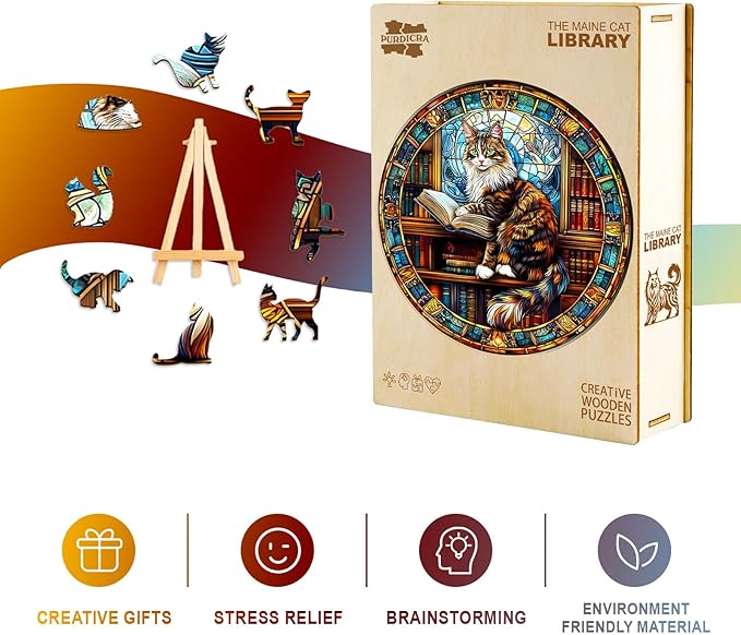 Wooden Puzzles for Adults - Maine Cat Library Wooden Jigsaw Puzzle, Unique Animal Shaped Wood Puzzles Adult, Christmas Birthday Gifts for Friends/Family, Home Decor 8.5 * 8.5in 100pcs