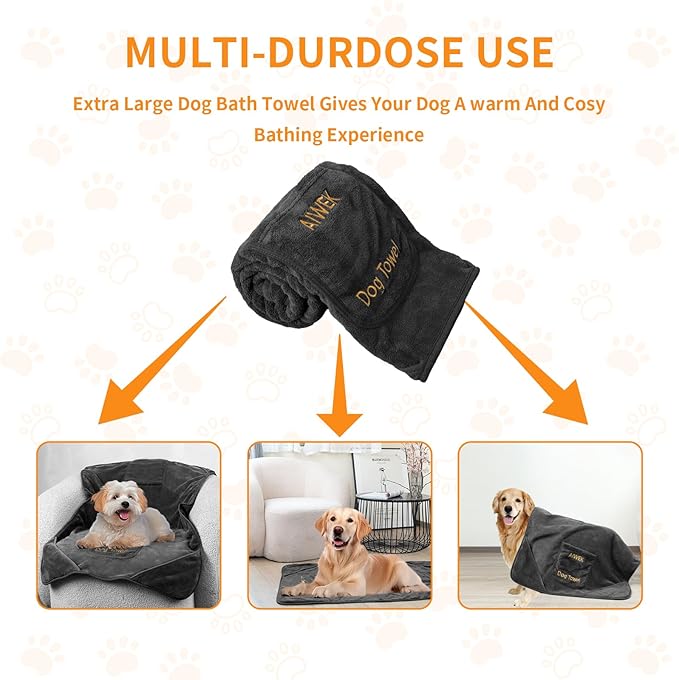 Super Absorbent Microfiber Dog Towels - Soft Pet Grooming Towel for Drying & Bathing Large, Medium or Small Dogs - 42.5" x 27.5" Perfect for Pet Shower & Pet Supplies! Grey