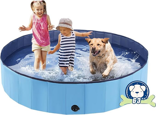 Foldable Dog Pool, Portable Pet Bath Tub and Kiddie Swimming Pool, Collapsible Bathtub for Puppies, Small, Medium and Large Dogs, Cats and Kids, 63 x 12 in, Blue