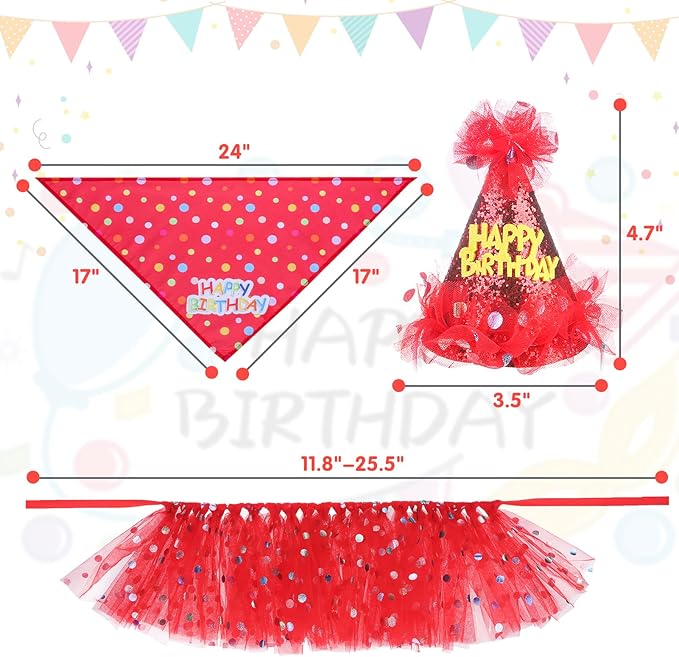 SCENEREAL Dog Birthday Bandana with Hat and Dress Girl Set, Puppy Birthday Party Supplies, Cute Tutu Skirt Red Outfit for Small Medium Large Dogs