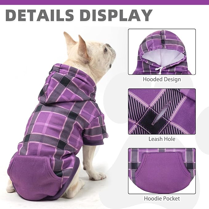 KOOLTAIL Plaid Dog Hoodie for Small Medium Large Dogs - Pet Clothes Sweater with Hat and Pocket for Cold Weather Winter, Warm Soft Dog Hooded Sweatshirt Coat Outfit for Puppy Cats Girls Boys Purple M