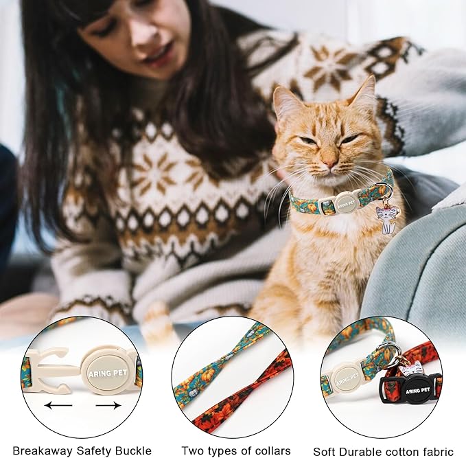 ARING PET 2 Pack Cat Collars, Breakaway Cotton Fall Halloween Kitten Collar with Bells for Girl Boy Cats Pumpkin & Autumn Leaf