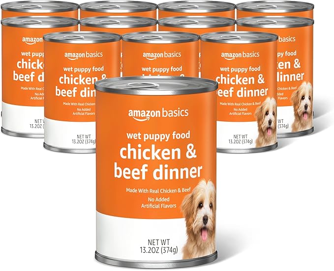 Amazon Basics Puppy Chopped Ground Dinner Canned Dog Food, with Chicken & Beef, 13.2oz (Pack of 12)