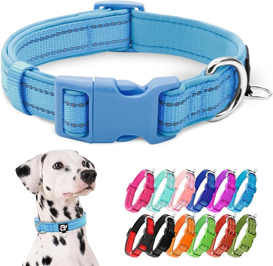 azuza Reflective Dog Collar,Soft Neoprene Padded Pet Collar with ID Tag Ring,Adjustable for Large Dogs,Sky Blue,L