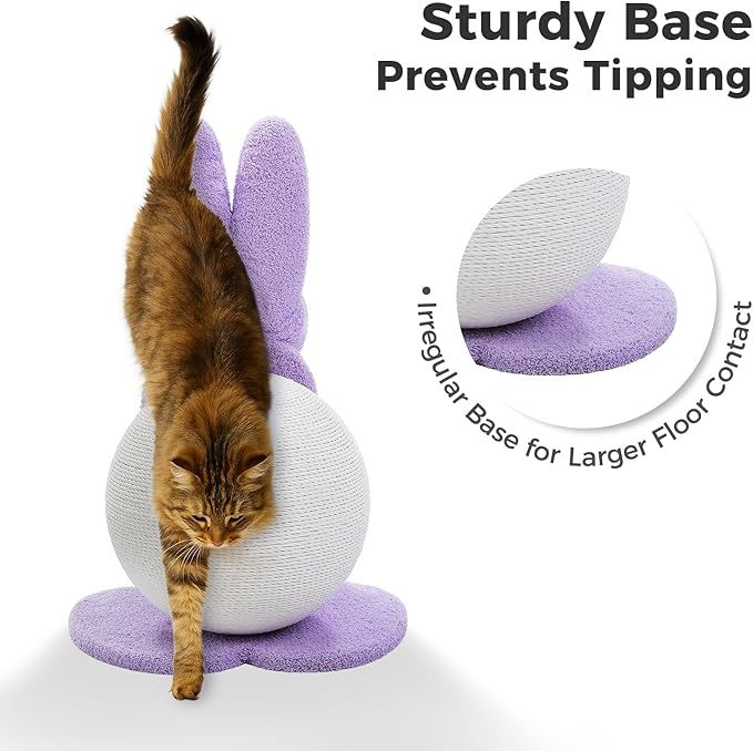 Cute Cat Scratching Post- Bunny Style, Cat Scratcher Toy with Paper Rope, Extra Large Cat Scratch Ball (Ø11.8) for Indoor Kitten, Rabbit Scratch Ball for Kitty to Climb & Play, Purple