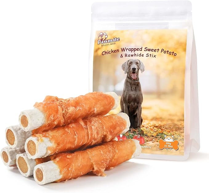 Dog Treats Large Breed, Chicken Wrapped Rawhide Sticks with Sweet Potato Sandwich, Rawhide Dog Chews Training Rewards Snacks for Small Medium Large Dogs, 6-7 Counts, 10.6 oz