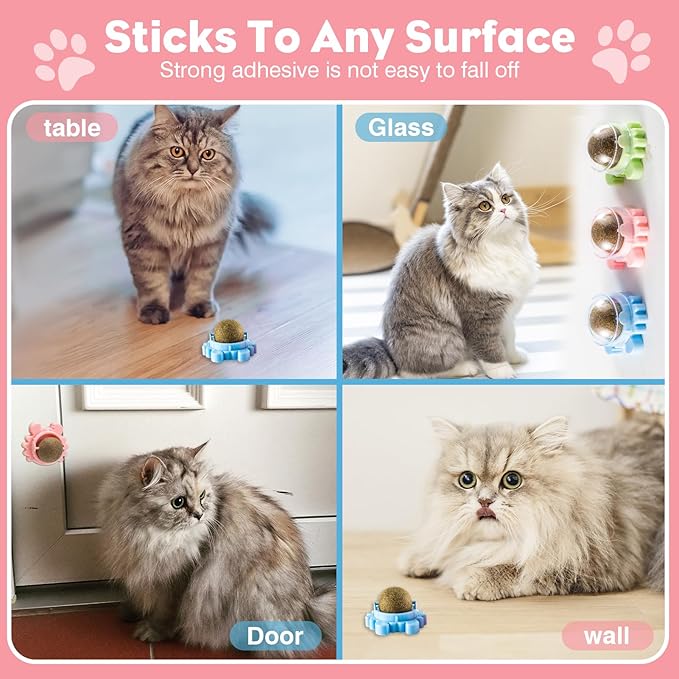 Catnip 4-Pack 360° Rotating Organic Rollers - Wall-Mounted and Floor-Standing for Cleaning Teeth, Stress Relief and Interactive Games - Suitable for Multi-cat households to Promote cat Health