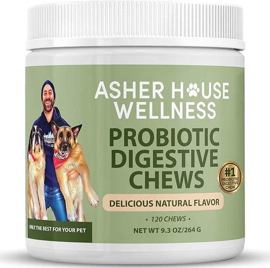 Asher House Wellness Probiotics Digestive Chew for Dogs - Dog Probiotic, Digestive Enzymes for Gut Health & Digestion - Pet Chews for Diarrhea, Upset Stomach, Allergies, Itchy Skin Relief, 120 Chews