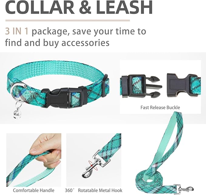 PUPTECK Adjustable Dog Harness Collar and Leash Set Step in No Pull Pet Harness for Small Medium Dogs Puppy and Cats Outdoor Walking Running, Soft Mesh Padded Reflective Vest Harnesses, Lake Green M