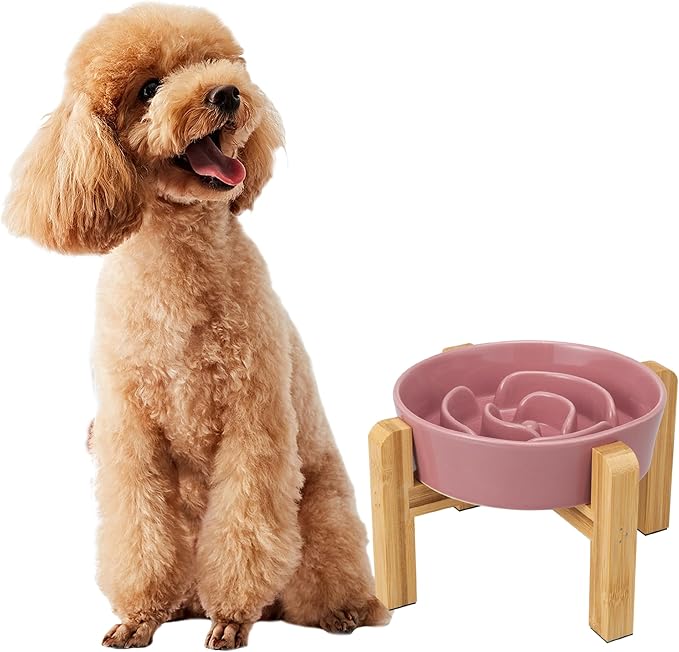 Elevated Slow Feeder Dog Bowl - Ceramic Maze Food Dish with Bamboo Stand - Raised Feeding Bowl for Fast Eaters - Ideal for Small and Medium Dogs - Pink - 6.7 inch