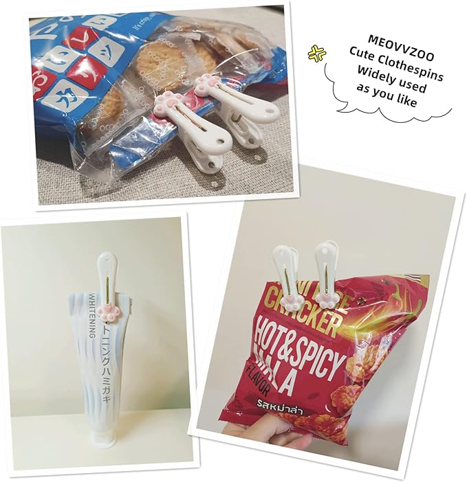 Plastic Clothespins Laundry Clothes Pins-12 Pack, Traceless Clothes Pegs, Bag Clips, Food Package Clip, with Cute Cat Claw Pattern
