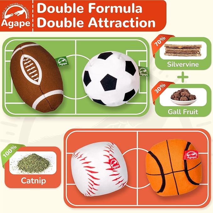 Agape 100% Catnip & Silvervine Filled Cat Toys, Interactive Chew & Kicker Balls for Indoor Cats, Enrichment and Teeth Cleaning Fun for Bored Cats and Kittens, 2 Pack Natural Crinkle Cat Toy with Sound