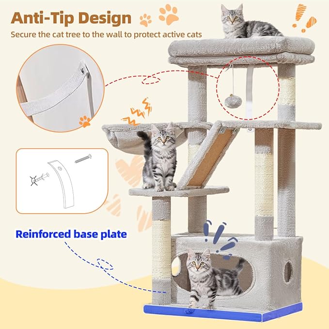 Taoqimiao Cat Tree,38.2-Inch Cat Tower for Indoor Cats,Suitable for Kittens with Luxurious cat condo with Adjustable Baskets and Luxurious Perch Light Gray MS029SW