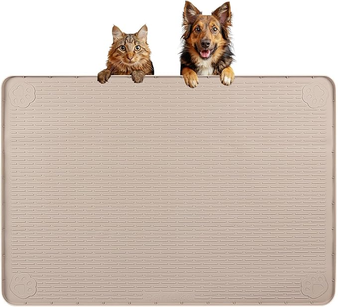 Dog Food Mat, Extra Large 34" x 22" Silicone Pet Feeding Mat with Raised Edge Pet Placemat for Small, Medium, and Large Pets Non-Slip, Easy to Clean (Beige)