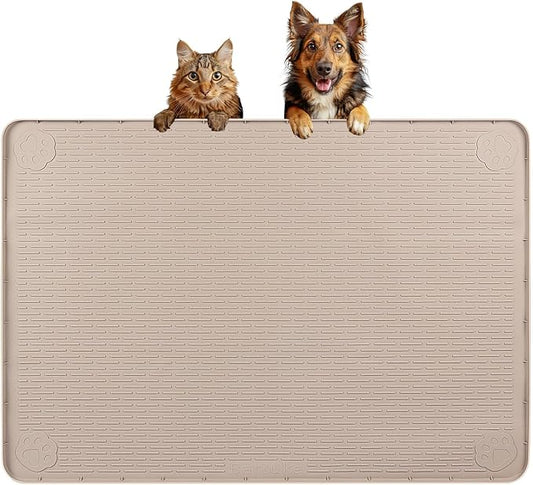 Dog Food Mat, Extra Large 34" x 22" Silicone Pet Feeding Mat with Raised Edge Pet Placemat for Small, Medium, and Large Pets Non-Slip, Easy to Clean (Beige)