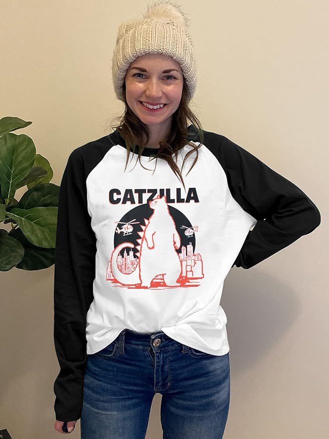 JINTING Cat Shirts for Women - Loose Fit Lightweight Long Sleeve Graphic Tee Fall Printed Crewneck Blouse Casual Tops