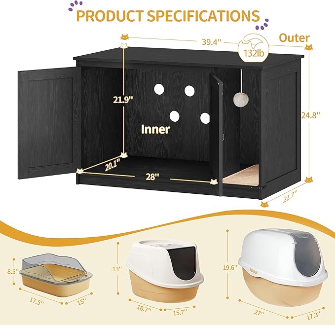 Cat Litter Box Enclosure, Hidden Litter Box Cabinet Furniture with Bell, Indoor Cats House, Farmhouse Style, 39.4 x 21.7X 24.8 Inches for Hallway, Bedroom, Black CB85204X