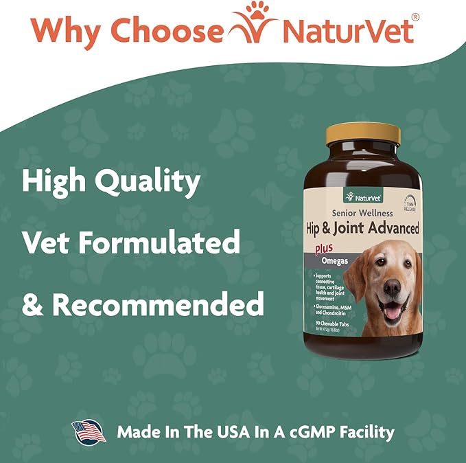 NaturVet – Senior Wellness Hip & Joint Advanced Plus Omegas | Help Support Your Pet’s Healthy Hip & Joint Function | Supports Joints, Cartilage & Connective Tissues | 90 Time Release Tablets