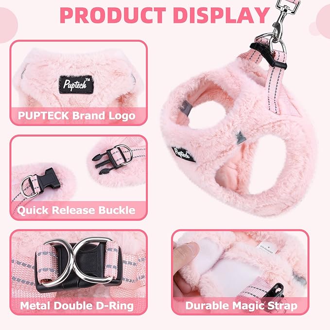 PUPTECK Adjustable Dog Harness Collar and Leash Set Step in No Pull Pet Harness for Small Medium Dogs Puppy and Cats Outdoor Walking Running, Soft Mesh Padded Reflective Vest Harnesses, Plush Pink XS