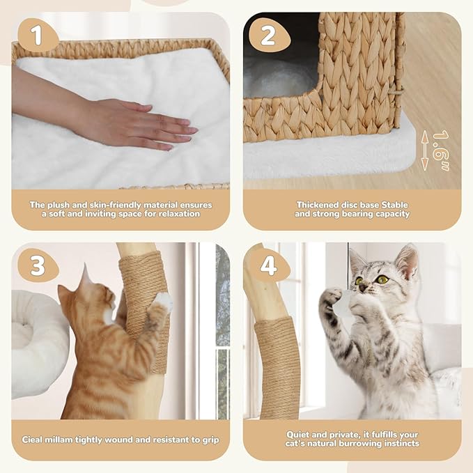 Modern Cat Tree Tower for Indoor Cats - Multi-Level Solid Wood Cat Condo w/Caves, 2 Large Perches, Scratching Posts, Hanging Toy for Large Cats Adult - Luxury Boho Pet Furniture