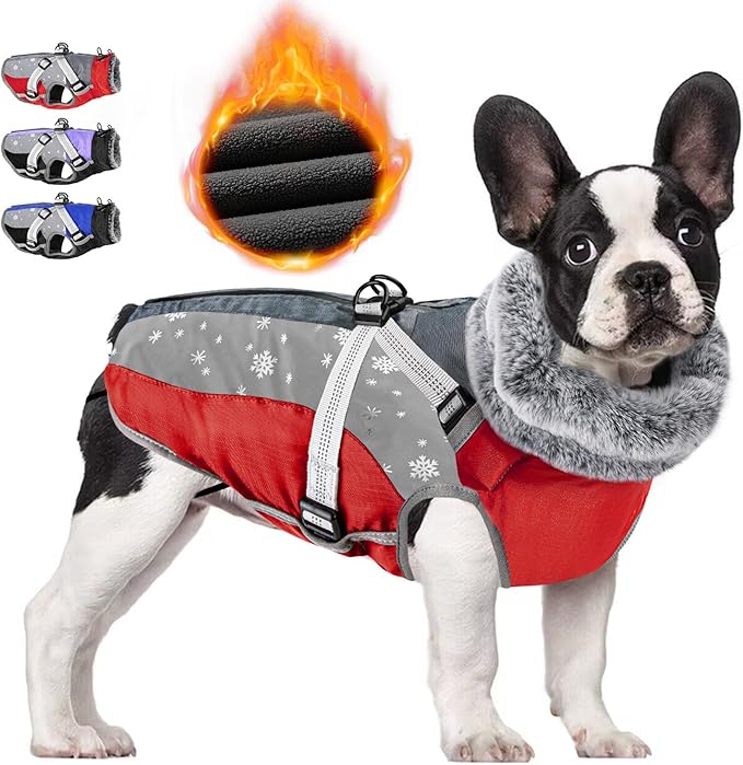 SlowTon Dog Jacket with Harness Built in - Waterproof Fleece Winter Warm Dog Coats for Small Medium Dogs, Reflective Adjustable Furry Puppy Vest Clothes for Outdoor Walking (Red & Black,M)