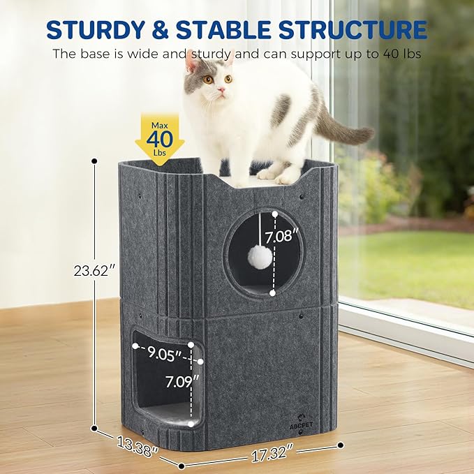 Cat House for Indoor Cats Cat Bed Cave 2-Storey Cats Condo with Cozy Felt Covered Hideaway for Multiple Pets Dark Grey