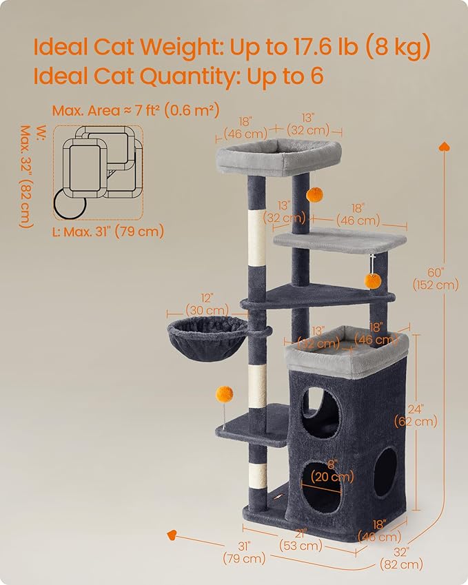 Feandrea Tall Cat Tree Tower, Multiple-Level Cat Condo with 2 Caves, 3 Scratching Posts, 3 Perches, Dark Gray UPCT007G02