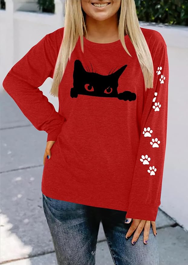 JINTING Cat Shirts for Women - Loose Fit Lightweight Long Sleeve Graphic Tee Fall Printed Crewneck Blouse Casual Tops