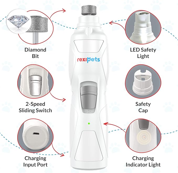 REXIPETS Cat and Dog Nail Grinder - Rechargeable Electric Pet Nail Clipper & Trimmer- Painless Paws Grooming - Quiet 2-Speed Motor. 3 Size Ports for Small, Medium, Large Pets- Up to 4 Hours of Charge