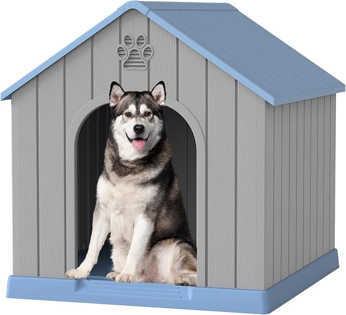 Large Dog House Outdoor Indoor, Durable Plastic Waterproof Doghouse with Air Vents and Elevated Floor, Easy Clean and Assemble for Medium Large Dogs (Classic Blue, 36.2''L×38''W×38''H)