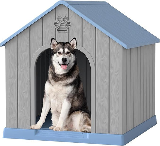 Large Dog House Outdoor Indoor, Durable Plastic Waterproof Doghouse with Air Vents and Elevated Floor, Easy Clean and Assemble for Medium Large Dogs (Classic Blue, 36.2''L×38''W×38''H)
