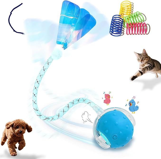 Interactive Cat Toys Ball for Indoor Cats＆Dog,Automatic Cat Toy with Elastic Mesh Tail,Rechargeable Rolling Kitten Toy,Include 8 Cat Spiral Spring,Cat Enrichment Toys for Indoor Cats(Blue)