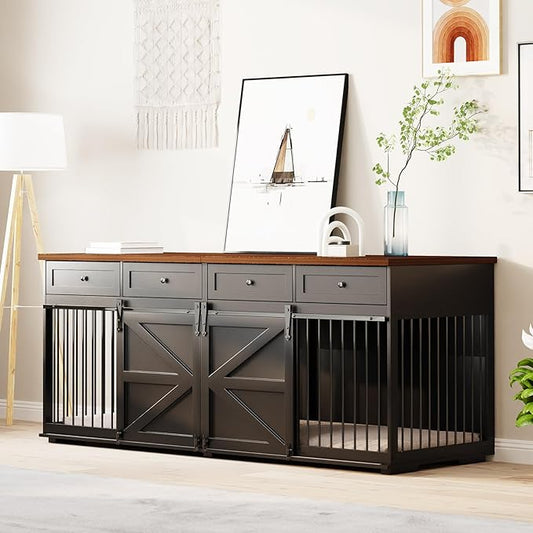 Furniture Style Dog Crate, 83" L Super Large Indoor Wooden Farmhouse Dog Kennel Furniture with Double Sliding Barn Doors, 4 Drawers & Room Divider, for Large Breed Dogs, Black