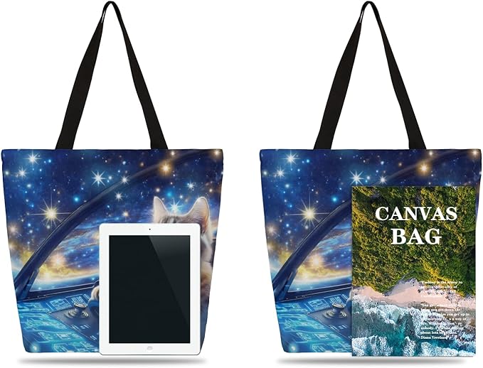 Spaceship Cat Canvas Tote, Multipurpose Shoulder Bag with Unique Sci-Fi Cat Design for Women & Men