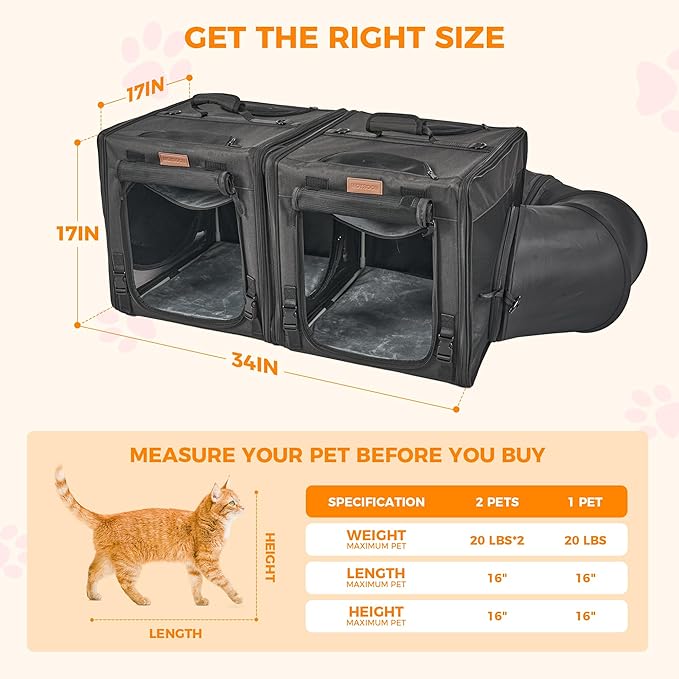 PETUX 2-in-1 Double Cat Carrier for Multiple Cats - 34"x17"x17", Portable, Foldable, Large Cat Travel Carrier with Litter Box, Play Tunnels and Hammock for Car Travel ＆ Vet Visit - Black
