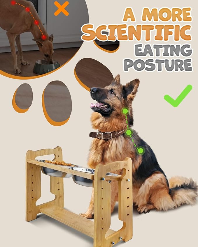 Elevated Dog Bowls, Adjustable Raised Dog Bowl Stand for Medium Large Size Dogs, Durable Bamboo Dogs Feeder with 2 Stainless Steel Bowls and Non-Slip Feet, Pet Food Bowl for Medium Large Sizes