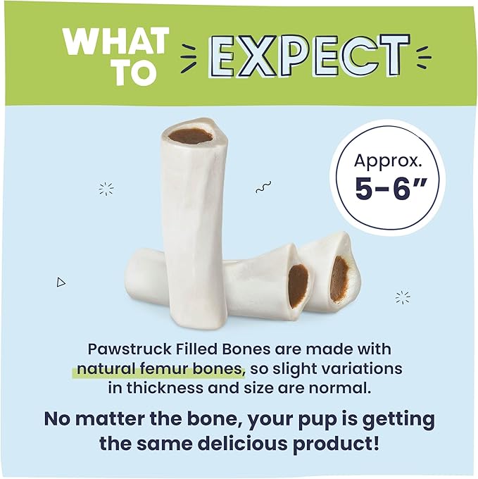 Pawstruck Large 5-6" Filled Dog Bones, Peanut Butter Flavor - Made in USA, Long Lasting Stuffed Femur for Aggressive Chewers, Dental Treat - Pack of 3, Packaging May Vary