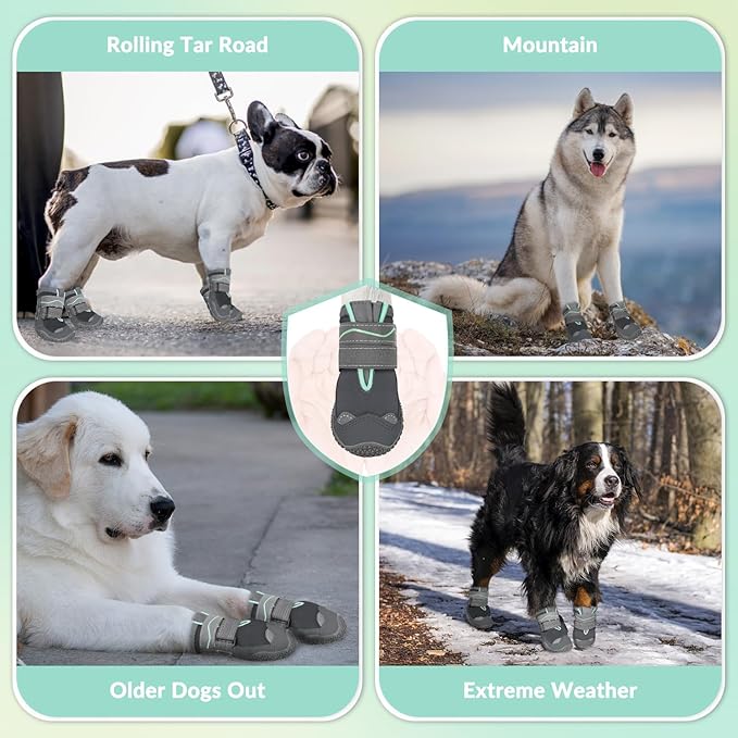SlowTon Dog Shoes for Large Small Medium Dogs - Waterproof Dog Boots for Summer Hot Pavement, Paw Protector for Outdoor Walking Winter Snow, Anti-Slip Rubber Dog Booties for Hardwood Floor (GY, 7)