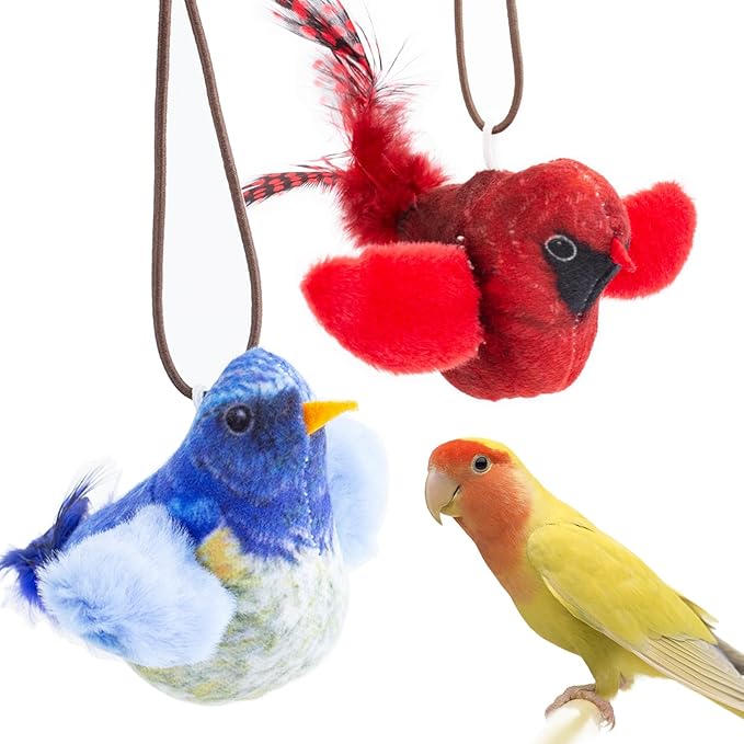 2 Pcs Chirping Birds Cat Toys with Catnip SilverVine, Vivid Chirping with Hanging Rope, Touch Activated Squeaky Sound Cats Toy, Interactive Indoor Kitten Kitty Exercise & Kicker Toys
