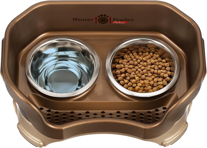 Neater Pet Brands Neater Feeder Deluxe Mess Proof Dog Bowls Elevated for Small Dogs Under 19 lbs, Made in USA, No Spill Raised Dog Food Bowl Stand Feeding Station, Food and Water Bowl Set, Bronze