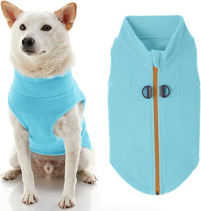 Gooby Zip Up Fleece Dog Sweater - Turquoise, Medium - Warm Pullover Fleece Step-in Dog Jacket with Dual D Ring Leash for Small to Medium Dogs