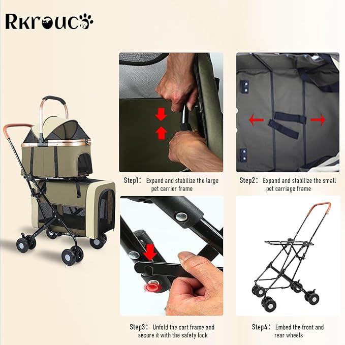 Foldable Double Pets Stroller for Dog Portable Cat Strollers for Small Medium Pet with Detachable Carriers Flexible Lockable Wheels Lightweight Dogs Jogger Strolling Cart Up to 77Lbs (Green)