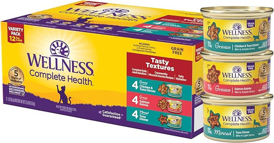 Wellness Complete Health Tasty Textures Gravy & Minced Adult Wet Cat Food, Natural, Protein-Rich, Grain Free, 3 Ounce, 12 Pack, (Salmon, Tuna, and Chicken Variety Pack)