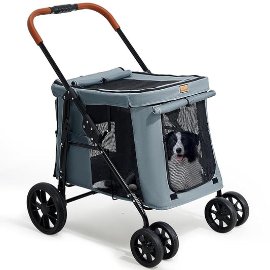 Scout Pet Stroller, 4-Wheel Design for Small/Medium Dogs - One-Button Fold, Adjustable Mesh Windows & Shades, 360° Swivel Front Wheels, Rear Wheel Brake for Safety, Grey