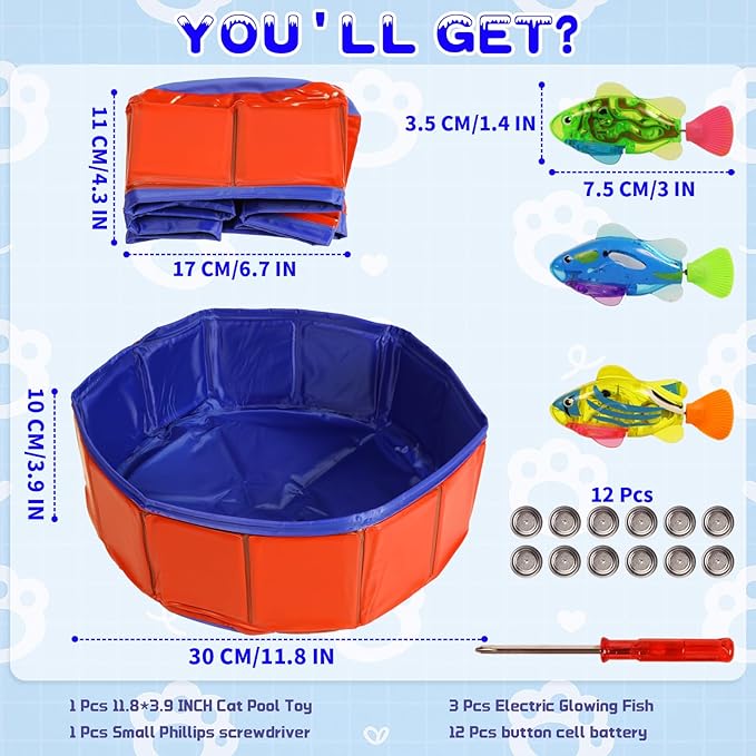 uniro Cat Pool Toy with Fishes - 3 LED Swimming Fish Toys for Cats Robo Swimming Fish with Flashing Lights- Foldable Cat Pool Proof Kitten Water Play Mat for Indoor Cats Fun Bath & Exercise FishToy