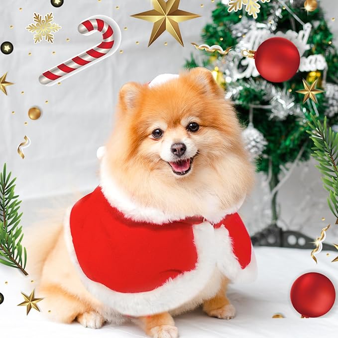 Dog Christmas Clothes Cloak, Pet Christmas Costume Poncho Cape for Cats Small Dogs, Kitten Santa Costume, Puppy Xmas Claus Costumes Apparel, Pet Santa Claus Red Cloak for New Year Party Cosplay