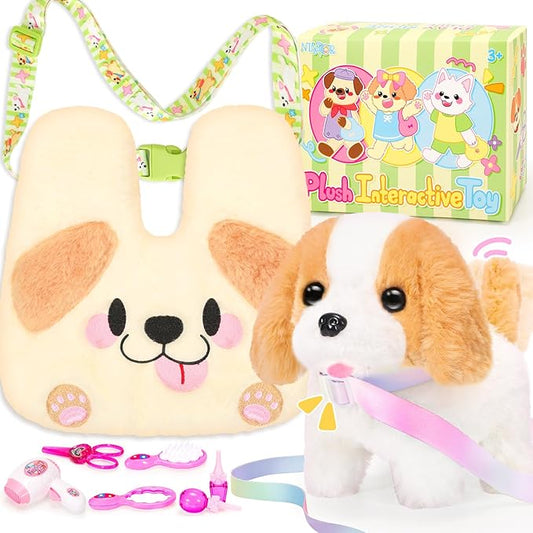 Plush Dog Toys for Kids with Crossbody Bags, Puppy Toys Robot Dog with Leash Walking Barking Tail Wagging, Pretend Play Pet Care Cute Stuff Electronic Interactive Toddler Birthday Gifts