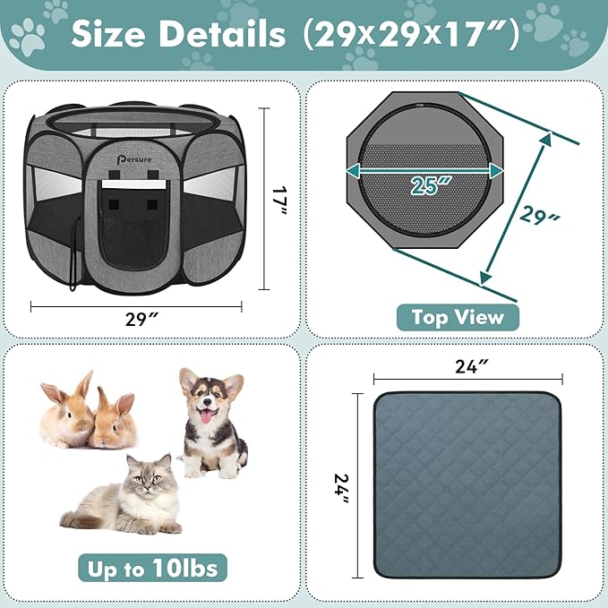 Dog Cat Playpen Indoor Outdoor for Puppy Pet Dogs Cat Recovery After Surgery, Dog Tent Crates Cage Indoor/Outdoor, Portable Pop Up Kennel with Carrying Case for Travel (Premium Grey with Pad, Small)
